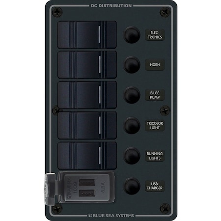 Blue Sea Systems Blue Sea - 5 Position Contura Switch Panel w/Dual USB Chargers - 12/24V DC - Black 8521